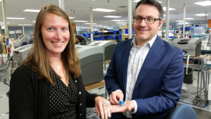 Stay Work Play Executive Director Kate Luczko wears the stunning casted LACE Papilio Ring by Jenny Wu as Solidscape President and CEO Fabio Esposito also showed her the Solidscape 3D printed wax model